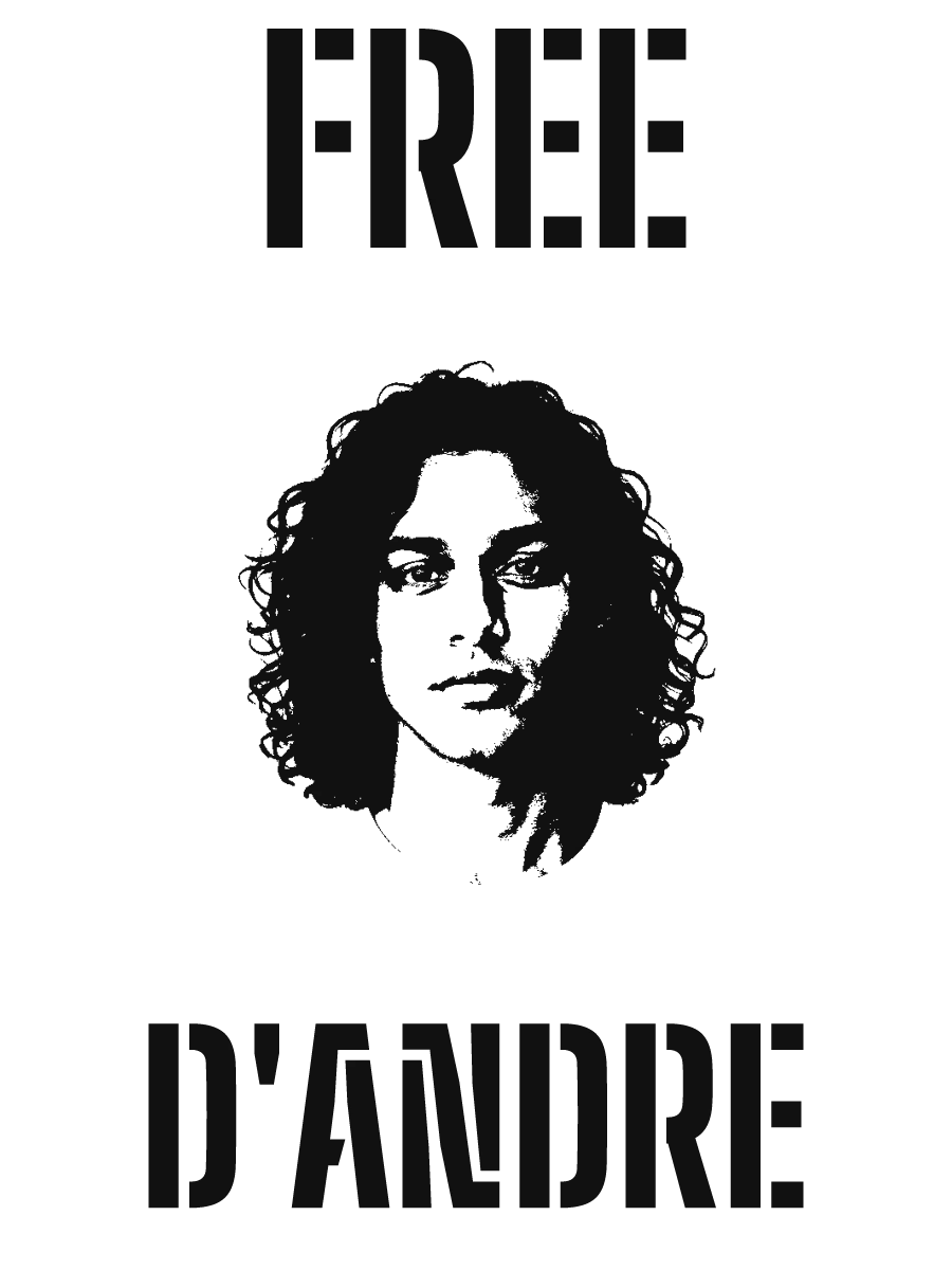 White tee with a stencil portrait and FREE D'ANDRE in Stencil lettering